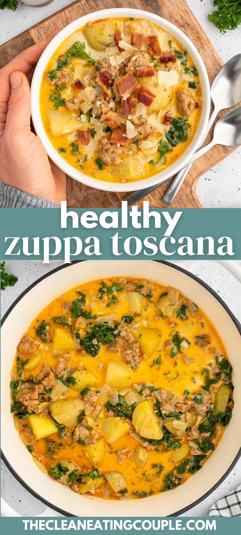 A Healthy Zuppa Toscana Soup that you'll absolutely love. Easy to make dairy free, this cozy soup is packed with flavor and so delicious! We include stovetop, crockpot or Instant pot directions for a soup that will be much better than Olive Garden! A better-than copycat Olive Garden Recipe your family will love! Healthy Zuppa Toscana Soup, Healthy Zuppa Toscana, Easy Healthy Soup, Zuppa Toscana Soup, Toscana Soup, Zuppa Toscana, Recipes Yummy, Healthy Recipes On A Budget, Favourite Food