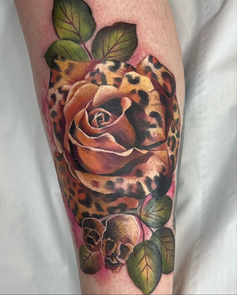 Watercolour Leopard print Rose tattoo Leg Tattoos Women Leopard, Cheetah Sleeve Tattoos For Women, Leopard Rose Tattoo, Leopard Print Rose Tattoo, Leopard Tattoo On Leg, Watercolor Leopard Print Tattoo, Leopard Print Tattoo For Women, Full Hand Tattoos For Women, Y2k Tats