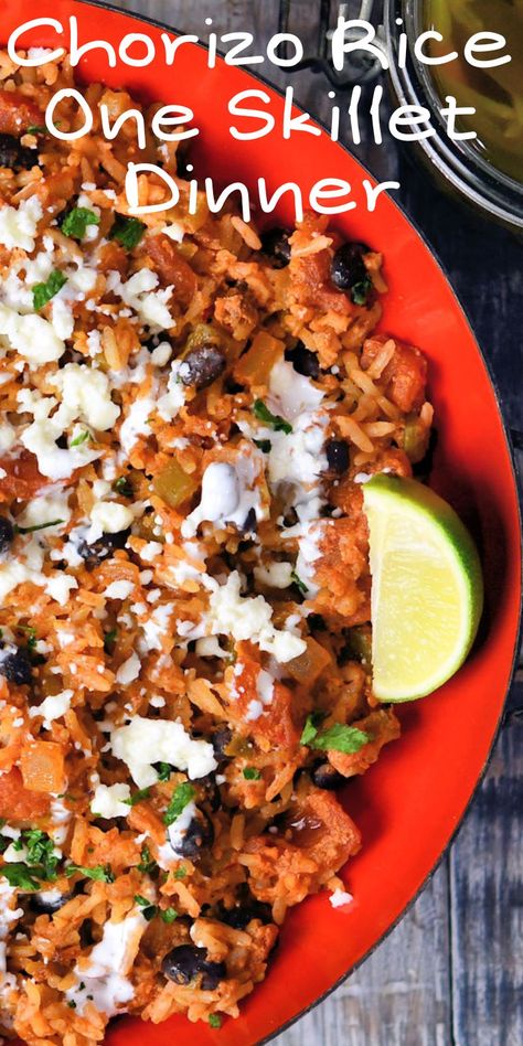 This Chorizo Rice One Skillet Dinner is a great budget friendly recipe, made with Mexican chorizo. It's a quick and easy meal, perfect for any day of the week. Chorizo Side Dish Recipes, Hearty Diet Meals, Spicey Food Recipes Dinners, Whole 30 Chorizo Recipes, Chorizo Skillet Dinners, Paleo Chorizo Recipes, Lamb Chorizo Recipes, Chorizo For Dinner, Turkey Chorizo Recipe Dinners