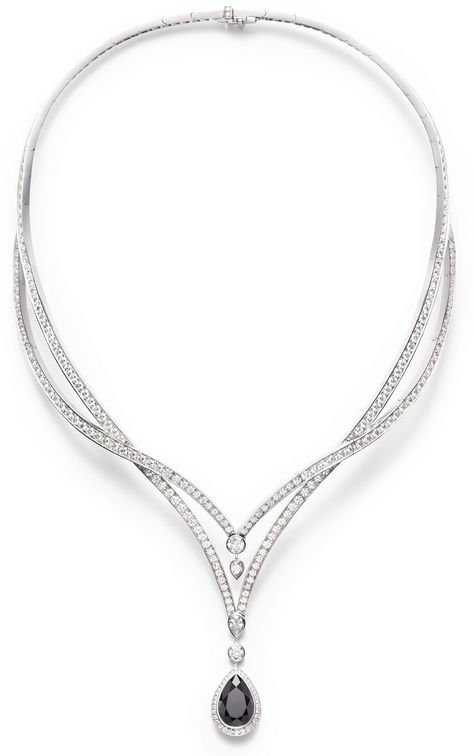 Piaget Couture Précieuse necklace Radiant Laces Inspiration in 18K white gold set with 298 brilliant-cut diamonds (approx.15.37 cts), 1 pear- shaped black spinel (approx.6.86 cts) and 2 pear-shaped diamonds (approx.0.59 ct). Piaget Necklace, Piaget Jewelry, Black Diamond Necklace, Diamond Jewelry Set, Ruby Rings, White Gold Necklace, Jewelry Appraisal, White Gold Set, Ruby Earrings