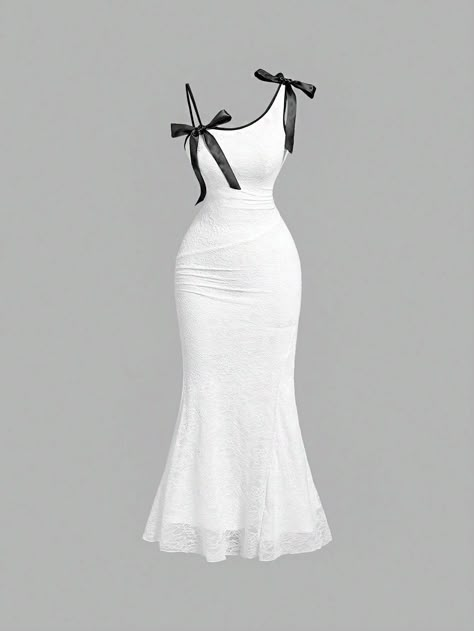 SHEIN MOD White Asymmetric Shoulder Strap Black Bow Decoration Ruched Mermaid Summer Women's Dress,Wedding Dress,Graduation  DressI discovered amazing products on SHEIN.com, come check them out! One Shoulder Mermaid Dress, Black And White Dress Aesthetic, Simple Wedding Outfits, Shien Dresses, Graduate Dress, Knitted Outfits For Women, Graduation Clothes, Dresses Shein, Classy Prom Dresses