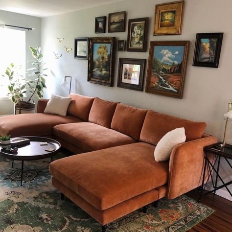 U Couch, Orange Leather Sofas, Dark Walls Living Room, Cozy Living Room Warm, Leather Couch Sectional, La Living, Custom Living Room, Couch Living Room, Comfortable Couch