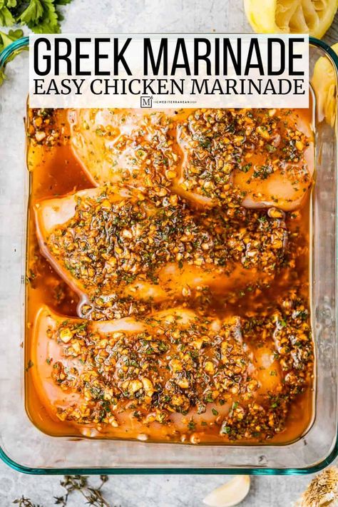 Greek chicken marinade with garlic, lemon, and oregano. Learn how to marinate chicken with this easy chicken marinade recipe! Lemon Marinated Chicken, Mediterranean Chicken Marinade, Greek Marinade, Greek Chicken Breast, Greek Marinated Chicken, Greek Chicken Marinade, Greek Spinach, Baked Greek Chicken, Easy Chicken Marinade