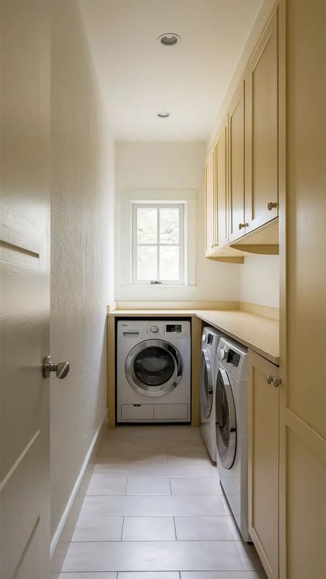 15 Narrow Laundry Room Ideas – The DIY Desire Long Narrow Laundry Rooms, Utility Room Narrow, Small Long Laundry Room Ideas, Long Narrow Utility Room Ideas, Laundry Room Long And Narrow, Laundry Room L Shape, Color Laundry Room Ideas, Narrow Mudroom Laundry Room Ideas, Rectangle Laundry Room