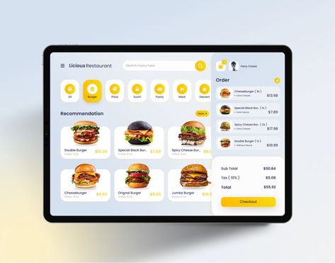 Licious Restaurant with Point of Sales on iPad Pro by Cassava99 Design on Dribbble Ipad Menu Design, Point Of Sale Design, Double Burger, Burger Specials, Restaurant App, Ux Inspiration, Restaurant Menu Design, Point Of Sale, User Interface Design