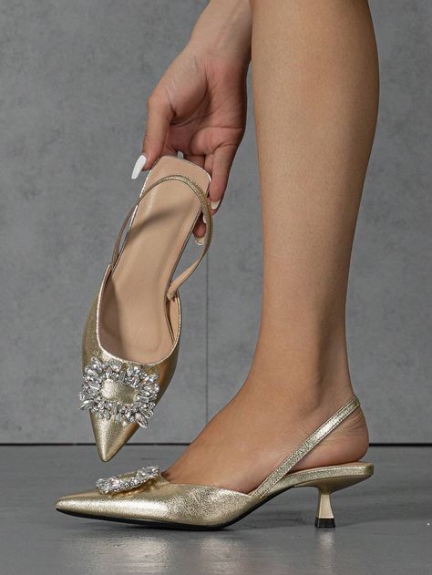 Women's Spring/summer Party Charming Metallic Rhinestone Decor Pointed Toe Kitten Heel, Stiletto Heel Sandals | SHEIN USA Golden Decoration, Style Français, Infinity Dress, Kitten Heel Pumps, 20th Birthday, Rhinestone Decor, Ankle Strap Pumps, Strap Pumps, Womens Shoes High Heels