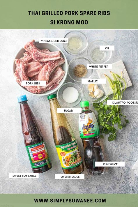 Thai Pork Ribs Recipe, Thai Pork Recipes, Laos Recipes, Bbq Pork Spare Ribs, Thit Nuong Recipe, Lao Recipes, Asian Bar, Chamorro Food, Pork Spare Ribs Recipe