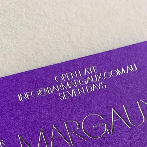 Hungry Workshop Letterpress on Instagram: "Who’s in for a cocktail at Bar Margaux on Friday night? Foil stamped and embossed stationery for @barmargauxmelbourne’s opening, designed by the endlessly inspiring @tcykdesign.⠀ Photography: @barmargauxmelbourne (venue) & @hungryworkshop (stationery) Design: @tcykdesign⠀ Production: Bill folds embossed and die cut, business cards foil stamped in silver on @colorplan_papers Colorplan Purple 270gsm, brought to us by @gfsmithpapers & @ballanddoggett" Colorplan Papers, Die Cut Business Cards, Colorplan Paper, Purple Foil, Foil Stamping, Friday Night, Birth Announcement, Letterpress, Stationery Design