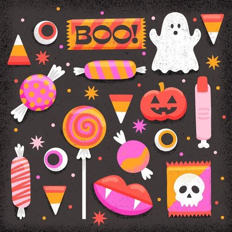 Halloween Sweets Illustration, Sweet Halloween Decorations, Halloween Candy Illustration, Halloween Design Illustration, Halloween Candy Drawing, Halloween Candy Art, Alternative Stickers, Cute Halloween Illustration, Halloween Notes