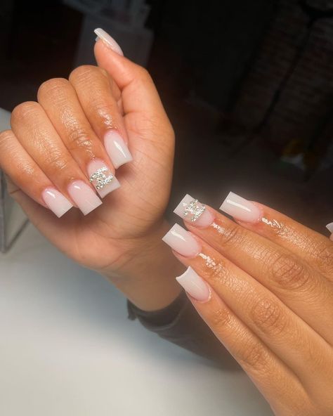 Diy Rhinestone Nails, Milky White Nails, Grunge Nails, Girly Acrylic Nails, French Tip Acrylic Nails, Basic Nails, Short Square Acrylic Nails, Cute Gel Nails, Nails Only