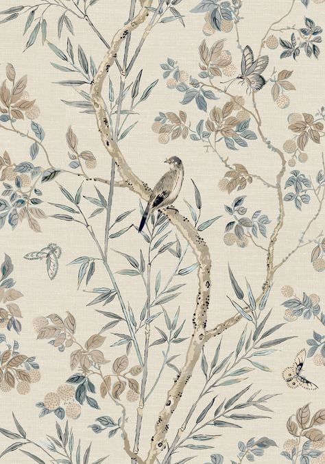 An open and airy design, Claire is an elegant choice in fabric and wallcovering, offered in background colors ranging from subtle neutrals to punchier blue. #floralwallpaper #interiordesign #thibautwallpaper Magnolia Home Rugs, Lychee Fruit, Thibaut Wallpaper, A Street Prints, Birds And Butterflies, Neutral Wallpaper, Bamboo Leaves, Stripes Texture, Botanical Wallpaper