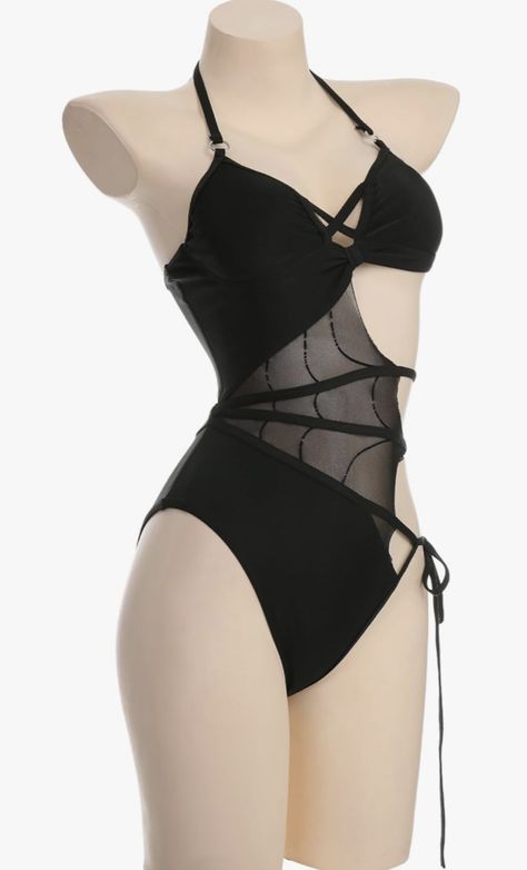 Black Spiderweb Gothic One Piece Swimsuit Gothic Swimsuit Bikinis, Gothic Bathing Suits, Goth Bathing Suit, Gothic Swimwear, Bathing Suit Ideas, Black Swimsuit Outfit, Gothic Swimsuit, Black Bikinis, Swimwear Ad