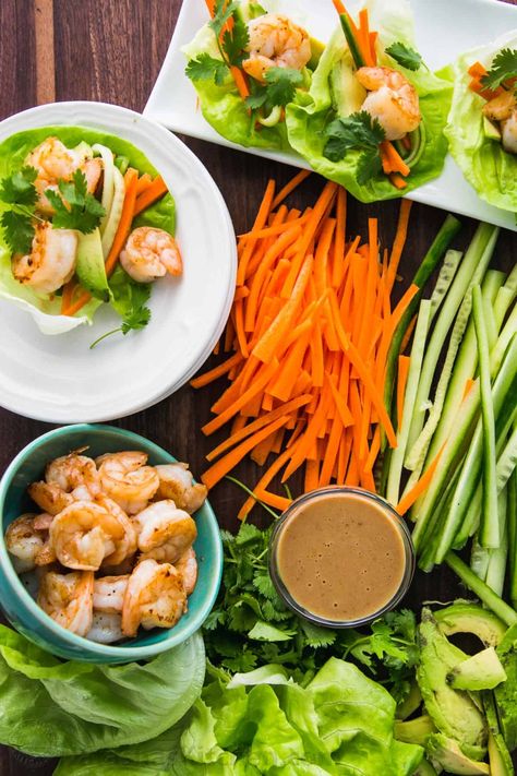 Shrimp Lettuce Wraps loaded with fresh veggies and juicy shrimp. The peanut sauce is exceptional and surprisingly simple. Lettuce wraps are a low carb, healthy dinner idea and they always disappear fast! | natashaskitchen.com Sauce For Lettuce Wraps, Different Types Of Food, Shrimp Wraps, Shrimp Lettuce Wraps, Peanut Dipping Sauce, Juicy Shrimp, Lettuce Wrap Recipes, Salad Recipes For Dinner, Snacks Für Party