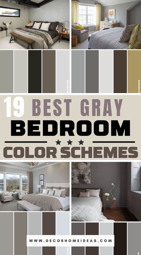 Elevate your bedroom with modern sophistication using these 19 chic and stylish gray color schemes. Explore contemporary design ideas that bring a touch of elegance to your living space. Gray Bedroom Color Schemes, Bedroom Color Schemes Grey, Gray Color Schemes, Grey Colour Scheme Bedroom, Grey Bedroom Colors, Grey Headboard Bedroom, Tan Bedroom, Guest Room Colors, Dark Gray Bedroom