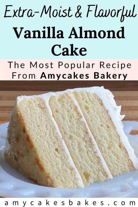 This secret recipe from Amycakes bakery was my most popular flavor and most requested recipe! Vanilla Almond cake is buttery, flavorful, extra-moist and soft.  It pairs perfectly with creamy Vanilla Almond Buttercream. It is a true crowd pleaser for weddings and special occasions—your guests will be raving about the flavor and texture! Get the recipe and additional bakery recipes and secret ingredients at https://amycakesbakes.com/vanilla-almond-cake. Best Ever Almond Cream Cake, Amy Bakes Cakes, Sweet Almond Cake, Fluffy Almond Cake, Vanilla Almond Wedding Cake, Magnolia Bakery Cake Recipe, Moist Wedding Cake Recipe, Vanilla Almond Cupcakes, Wedding Cake Flavor Cake