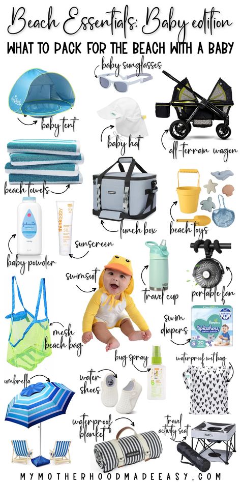 Baby Summer Must Haves, Beach Trip Packing List Toddler, Toddler Summer Must Haves, 3 Month Old Beach Essentials, Beach Hacks For Toddlers, One Year Old Beach Trip Tips, Summer With A Newborn, Beach Day With Baby, Beach Packing List For Baby