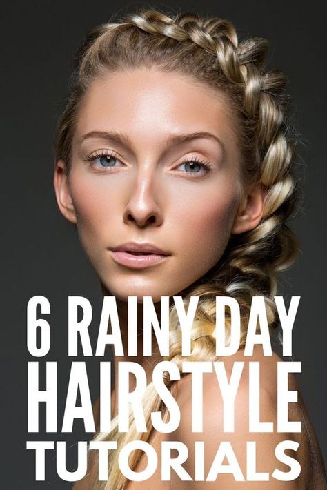 Rainy Day Hairstyles We Love | Does your hair get frizzy on hot, humid, and/or rainy days? Mine too! We’re sharing our best frizz fighting tips, hacks, products, and natural home remedies, as well as some super cute and easy hairstyles for short hair, shoulder-length hair, and for long hair. From the perfect updo, to messy buns, to adorable half up looks, to sleek braids, these styles and hair tutorials are perfect for work and for school! #frizzyhair #frizzyhairstyles #frizzyhairsolution Wedding Hair Rainy Day, Updo For Rainy Day, Hair For A Rainy Day, Easy Hairstyles For Windy Days, Rain Day Hairstyles Ideas, Rain Proof Hairstyles, Hairstyles For The Rain, Rainy Day Wedding Hair, Rainy Day Updo Hairstyles