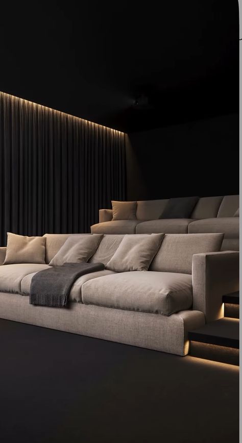 Studio Mcgee Movie Room, Neutral Theatre Room, Cinema Sofa Ideas, Dark Cinema Room, Black Movie Room, Home Theater Aesthetic, Small Home Theater Room Design, Small Movie Room Ideas, Basement Cinema Room