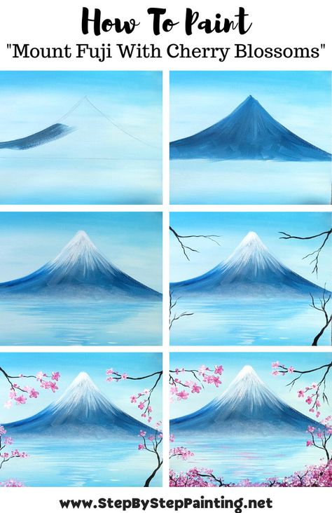 Acrylic Painting Canvas Cherry Blossom, Easy Landscape Paintings Step By Step, Mount Fuji Painting Easy, Mountain Painting For Beginners, Mount Fuji Painting Watercolor, Mount Fuji Painting Acrylic, Tokyo Painting Easy, Simple Painting Tutorials Step By Step, Simple Step By Step Painting