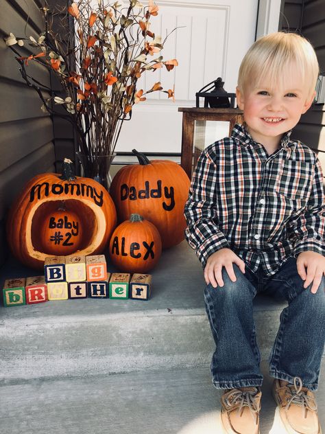 Fall baby announcement with big brother and pumpkins! Big Brother Announcement Second Baby, Baby Announcement Fall, Baby Number 2 Announcement, Expecting Baby Announcement, Sibling Baby Announcements, 2nd Pregnancy Announcements, 3rd Baby Announcement, Halloween Baby Announcement, Baby 2 Announcement