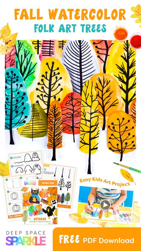 Folk Tree Art, Folk Art Drawing Easy, Autumn Art 2nd Grade, Autumn Elementary Art Projects, October Directed Drawing For Kids, October Elementary Art Projects, Third Grade Art Projects Fall, Fifth Grade Art Lessons, Folk Art Drawing Ideas