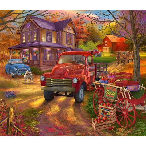 Apple Farm is a 1000 piece Jigsaw Puzzle by artist Bigelow Illustrations The specialty die cut consists of interlocking pieces and durable construction. The puzzle is guaranteed from manufacturing defects and missing pieces. The finished puzzle has dimensions of 23" x 28" St Patricks Day Pictures, Automobile Advertising, Apple Farm, Shape Puzzles, Truck Art, Pinterest Ideas, Iphone Backgrounds, Red Barns, Log Cabins