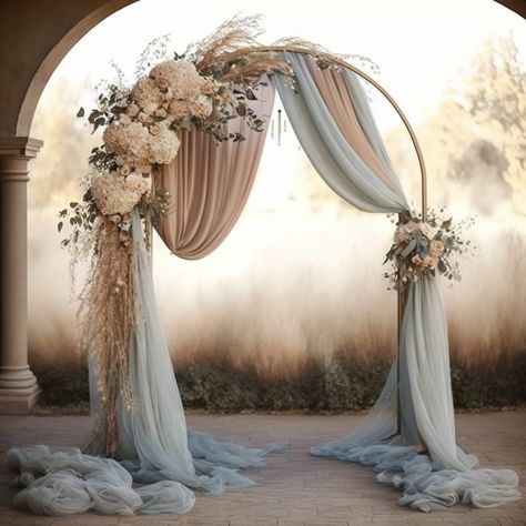 Wedding Arch Curved, Fabric On Round Arch, Round Arch Decoration Wedding Diy, Wire Arch Wedding, Curved Arch Wedding, Round Arch Drapery Wedding, Circular Floral Arch Wedding, Round Wedding Arch With Fabric, Boho Wedding Arch Decor