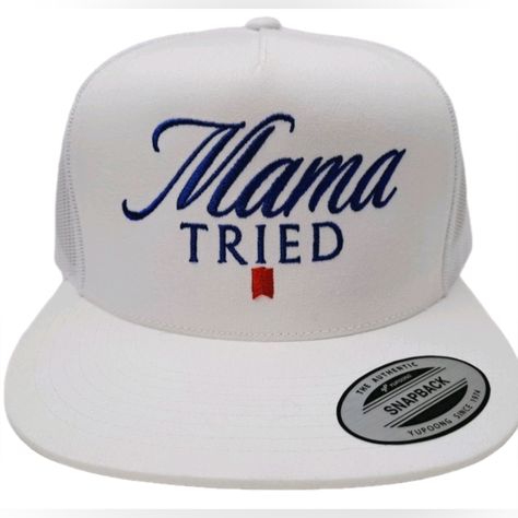 Introducing The Mama Tried Flat Bill Trucker Mesh Snapback White Hat Cap, A Brand New And Never-Used Accessory That Exudes Vintage, Western Country Outlaw Style. Handcrafted With Pride And Care In The Us, This Cap Is A Fashion Icon That Enhances Any Outfit. Featuring A Classic Retro Design With An Adjustable Snapback Closure And Mesh Paneling On The Back For Breathability, This Cap Guarantees Comfort While On-The-Go. The White Color Of This Hat Makes It Versatile To Match Any Outfit. The Flat Bi Country Hats Men, Country Christmas Gifts, Aunt Clothes, Samsung Hacks, Tshirt Making, Funny Trucker Hat, Cute Country Couples, Mama Tried, Country Hats