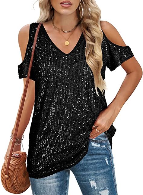 Sequin Tops for Women A_Black Medium at Amazon Women’s Clothing store Sparkly Shirt, V Neck Blouses, Batwing Sleeve Shirt, Summer Tee Shirts, Glitter Shorts, Black Sequin Top, Tops For Women Casual, Cold Shoulder Shirt, Glitter Shirt