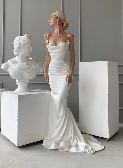 Bodycon Mermaid Wedding Dress, Satin Dress Mermaid, Satin Slim Wedding Dress, Body Sculpting Wedding Dress, Satin Wedding Dress Button Back, Backless Reception Dress, White Satin Mermaid Wedding Dress, Satin Bodycon Wedding Dress, Simple Bodycon Wedding Dress