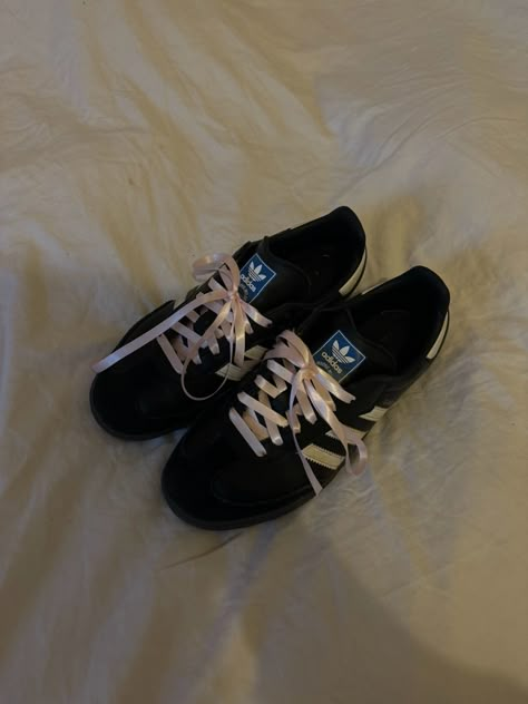 Black and white adidas sambas with pink ribbon laces Adidas Sambas With Ribbon, Black Sambas Pink Laces, Samba Ribbon Laces, Adidas Ribbon Laces, Samba Ribbon, Ribbon Shoe Laces, Sambas Adidas, Samba Shoes, Ribbon Laces