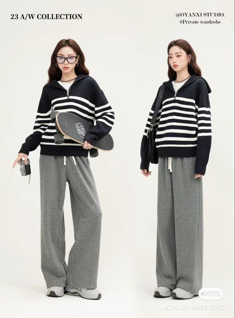 Douyin Casual Outfits, Outfits Ideas Korean Style, Winter Outfits Douyin, Korean Soft Outfits, Dressed Up Sweatpants Outfit, Oyanxi Outfits, Basic Korean Outfits, Chinese Casual Outfits, Korean Aesthetic Clothes