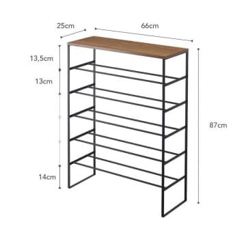 Yamazaki Tower 6-Tiered Shoe Rack in Black with Dark Wood Top ShelfA perfect minimalist yet strong and durable shoe rack with 5 shelves plus of course the floor space under the bottom shelf making effectively 6!, plus a storage top shelf and 2 hooks on the side for umbrellas or anything you want such as a shoe bag.Depending on shoe style and size you can get from 3 to 4 pairs per level meaning you now have a neat, tidy and good-looking storage space from between 18 to 24 pairs of shoes.Made from Shoe Rack Measurements, Bag Rack, Small Entryways, Wooden Tops, Shoe Organizer, Bottom Shelf, Floor Space, Shoe Style, Beautiful Decor