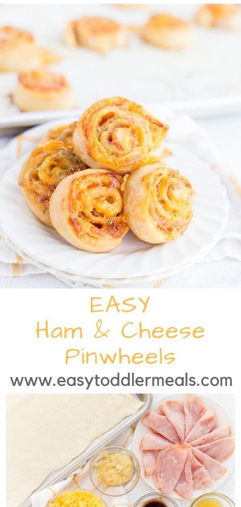 These ham and cheese pinwheels are a great alternative to the plain, old sandwich. What's more, you have the option to throw in some chopped spinach for an extra boost of nutrition. Toddler Sandwiches, Fall Apps, Pinterest Mom, Ham And Cheese Pinwheels, Pinwheels Recipe, Lunchbox Recipes, Kid Meals, Toddler Lunch, Cheese Pinwheels