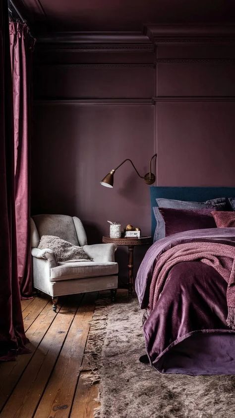 7 Moody Bedroom Color Ideas for a Sophisticated & Modern Space 7 Navy Lilac Bedroom, Blue And Plum Bedroom, Moody Purple Bedroom Ideas, Soulmate Sherwin Williams, Purple And Tan Bedroom, Purple Bedroom Colors, Moody Purple Paint Colors, Deep Purple Room, Dark Plum Bedroom