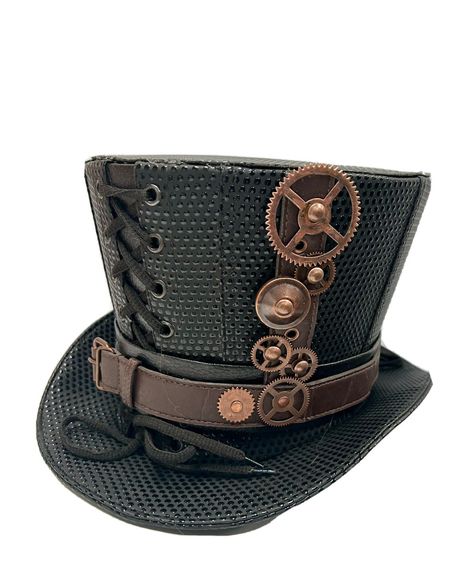 steampunk Top hat Gothic top hat. Hand crafted  This is a black textured leatherette  fabric with leatherete trim top hat  design Steampunk  top hat by SDL. It has a front and back corseted detail and metal cog detail please refer to photos .  Please note any markings or creases in the fabric is not a defect but characteristic and nature of the fabric . Any tracings of glue is not a defect this is a hand crafted hat  This is a size  59 Cm  Thank you for looking Steam Punk Hat, Steampunk Mode, Steampunk Dragon, Steampunk Top, Steampunk Top Hat, Steampunk Dress, Gothic Tops, Steampunk Hat, Steampunk Corset