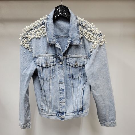 Denim Jacket with Pearls Embellished Denim Jacket Outfit, Denim Jewelry Jacket, Denim Pearl Jacket, Denim Jackets Pearls, Luxury Embellished Denim Jacket, Spring Beaded Denim Outerwear, Luxury Embellished Fitted Denim Jacket, Pearl Jacket, Embellished Denim Jacket