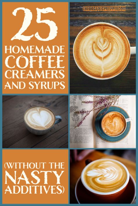 25 Homemade Coffee Creamers & Syrups - The Organic Prepper Diy Homemade Coffee Creamer, Homemade Organic Coffee Creamer, Homemade Healthy Coffee Syrup, How To Make Coffee Creamer Homemade, Homemade Oat Milk Coffee Creamer, Apple Coffee Creamer, Diy Flavored Coffee Creamer, Diy Hazelnut Coffee Creamer, Diy Coffee Creamer Healthy