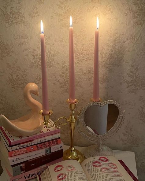 Conquete Aesthetic, Colored Taper Candles, Long Candles, Romantic Academia, Rose Scent, Candles Wax, Pretty Room, Pink Girly Things, Metal Candle Holders