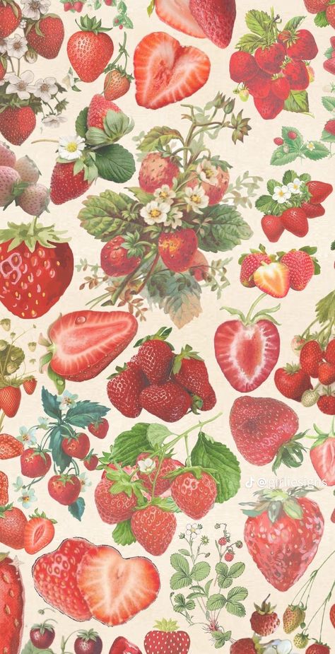 Strawberry Shortcake Print, Wall Collage Pink And Green, Strawberry Collage Wallpaper, Strawberry Coquette Aesthetic, Vintage Fruit Wallpaper, Red And White Aesthetic Wallpaper Iphone, Wallpaper Strawberry Aesthetic, Fresas Wallpaper, Strawberry Aesthetic Wallpaper Iphone