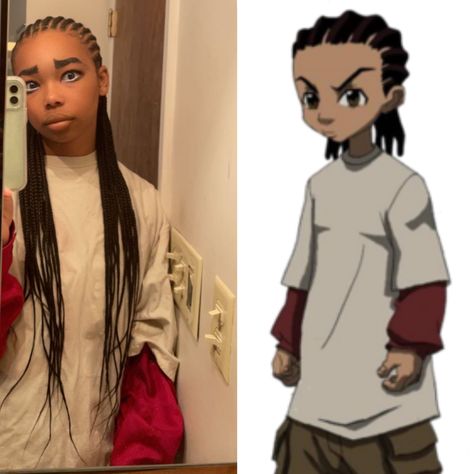 black gorl cosplay, black girl cosplay aesthetic, riley freeman, boondocks, boondocks cosplay, funny cosplay Doug Funny Costume, Huey Freeman Costume, Riley Boondocks Costume, Hue And Riley Freeman, Riley And Huey Costume, Funny Cartoon Costumes, Simple Characters To Dress Up As, Black Cartoon Characters Costumes, Black Halloween Characters