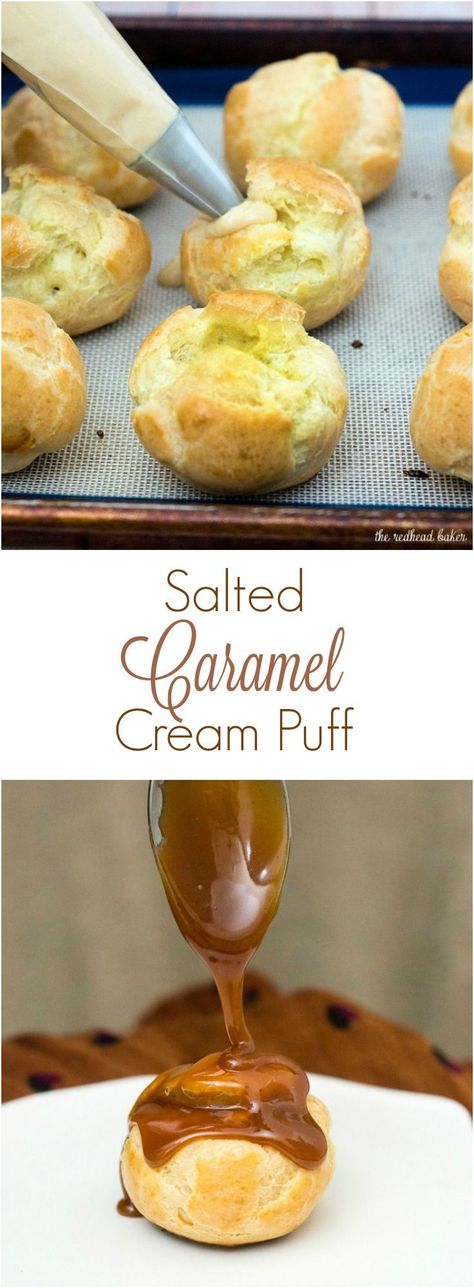 Bite-size salted caramel cream puffs are the perfect balance of salty and sweet flavors. | The Redhead Baker Caramel Cream Puffs, Puff Recipes, Creme Puffs, Baking Competition, Salted Caramels, Cupcakes Filled, Cream Puff Recipe, Caramel Cream, Croquembouche