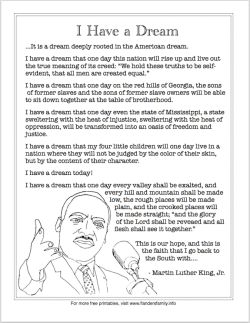 Free printable: Martin Luther King, Jr.'s "I Have a Dream" Speech (excerpt) Martin Luther King Jr Worksheets, Martin Luther King Speech, Martin Luther King Activities, Mlk Activities, Martin Luther King Jr Activities, Holiday Memes, Drawing Resources, Martin Luther King Quotes, I Have A Dream Speech