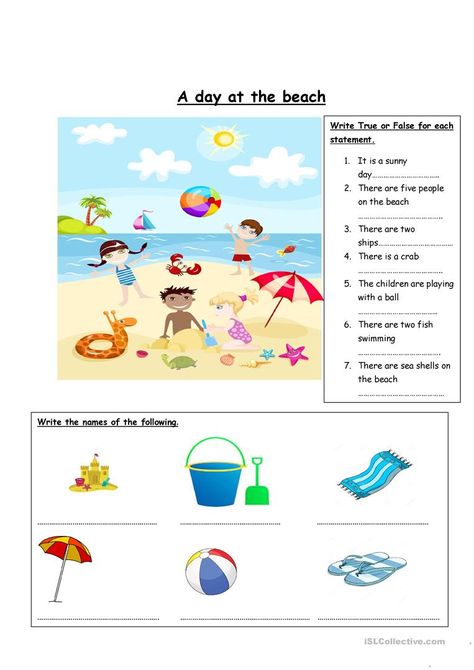 A day at the beach - English ESL Worksheets for distance learning and physical classrooms At The Beach Worksheet, Beach Worksheet, English Conversation Worksheets, Beach Vocabulary, Communicative Language Teaching, Beach Words, Summer Cleaning, Coloring Worksheet, Picture Composition