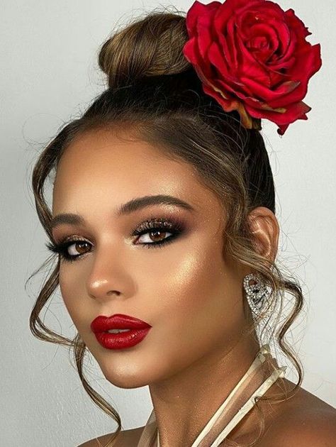 Havana Nights Party Makeup, Havana Night Hair And Makeup, Mexican Inspired Makeup Look, Flamenco Dancer Makeup, Flamenco Makeup Spanish, Havana Makeup Look, Havana Nights Makeup Look, Spanish Style Makeup, Latin Dance Makeup Eye