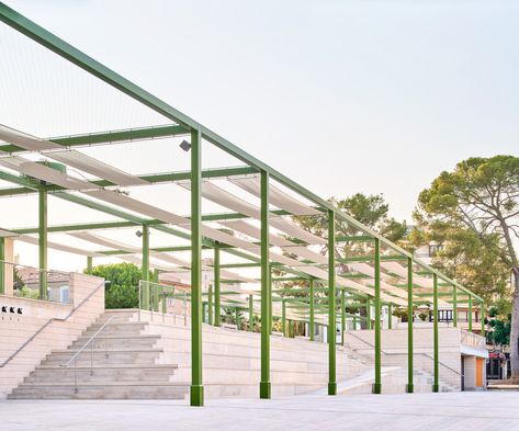 This is a project for the transformation of an existing public space. The intervention enhances existing qualities and elements through its use and enables the place as an infrastructure for future lives. Public Space Design, Public Square, Urban Fabric, High Walls, Brno, English Cottage, Contemporary Architecture, Outdoor Shade, Public Space