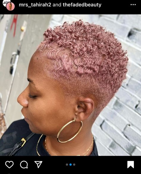 Rose Gold Short Hair, Curly Pink Hair, Rose Blonde Hair, Hair Color For Dark Skin, Natural Hair Haircuts, Short Dyed Hair, Blonde Natural Hair, Short Shaved Hairstyles, Tapered Natural Hair