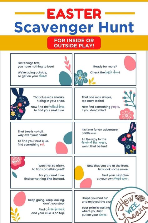 Rainy Easter day? No Problem! This Easter Scavenger Hunt can be done outdoors or indoors! You can print this free Easter game template right at home and create a fun activity for the whole house! Add extra prizes with each printable card to help keep the excitement going even more. #eastergames #easterforkids Easter Egg Hunt Riddles For Kids, Easter Hunt Ideas For Toddlers, Toddler Easter Scavenger Hunt, Easter Activities At Home, Kids Easter Scavenger Hunt, Outdoor Easter Scavenger Hunt Clues Free, Easter Hunt Ideas For Older Kids, Easter Egg Hunt Clues For Teens, Free Easter Scavenger Hunt Printables