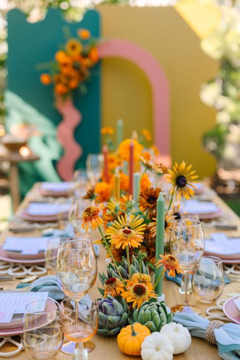 A Funky & Festive Fall Table • Beijos Events 60s Table Setting, Colorful Thanksgiving, Cider Bar, Harvest Salad, All Things Fall, Hot Cider, Beautiful Bars, Fall Cocktails, Thanksgiving Table Settings