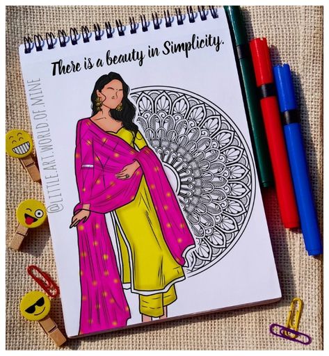 Dm to order @little.art.world.of.mine Quotes Drawing, Drawing Collection, Traditional Women, Easy Mandala, Easy Mandala Drawing, Book Crafts Diy, Outfits Indian, Pretty Wallpapers Tumblr, Cute Mobile Wallpapers